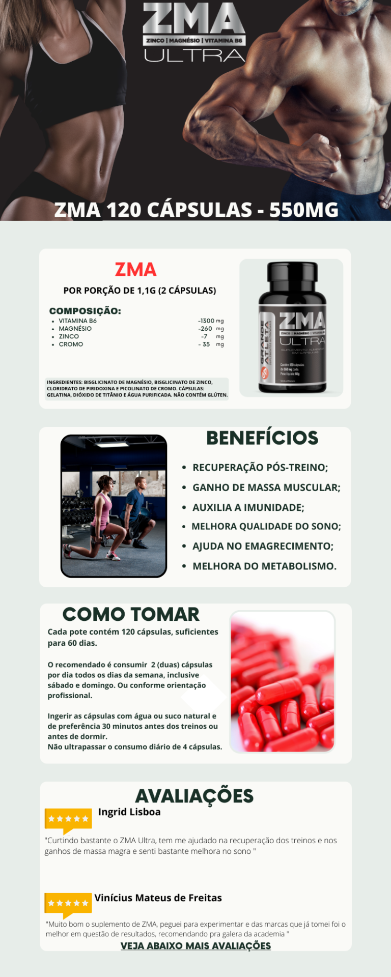 ZMA ULTRA 120 Cápsulas com 550mg Grande Atleta Suplementos