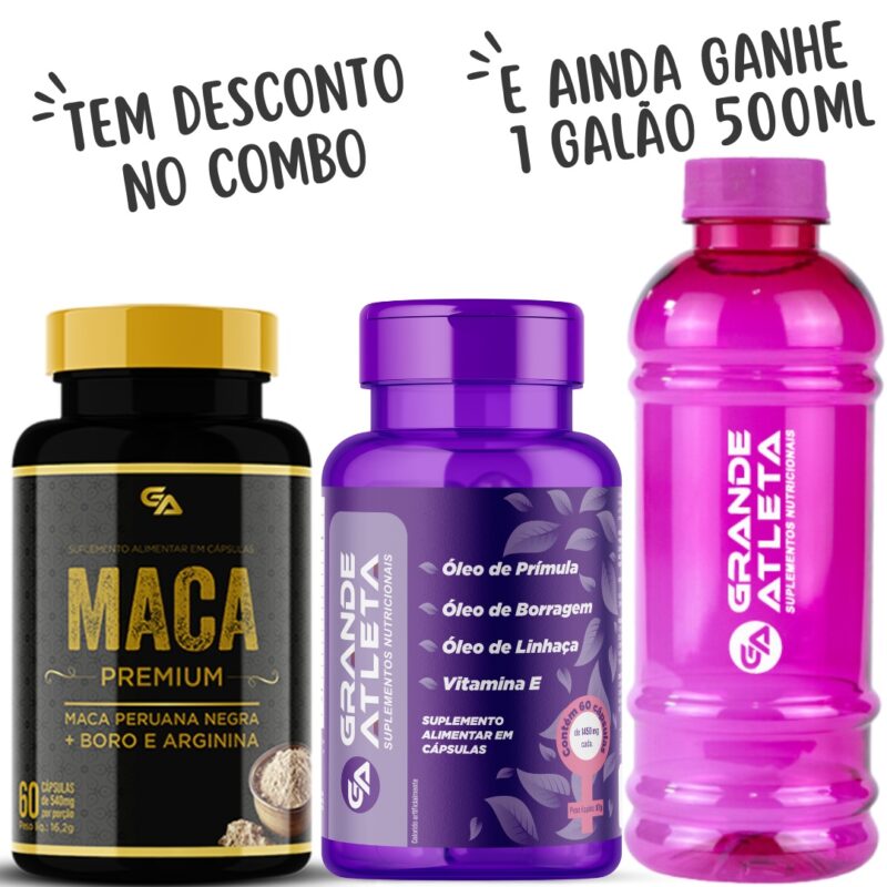 Combo TPM, Menopausa e Libido: 1 pote Maca Premium + 1 pote Óleo de Prímula, Borragem, Linhaça e Vitamina E